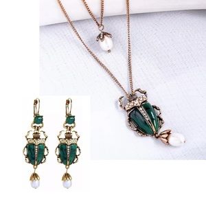 Beetle & Pearls necklace & earrings set bohemian nature bug insect emerald green
